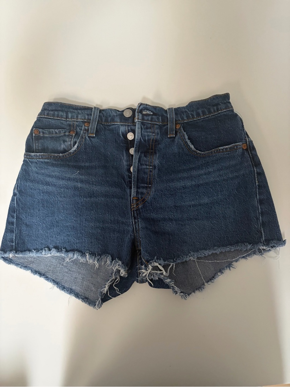 Levi's Dark Blue Frayed Hem Button-Front Denim Shorts